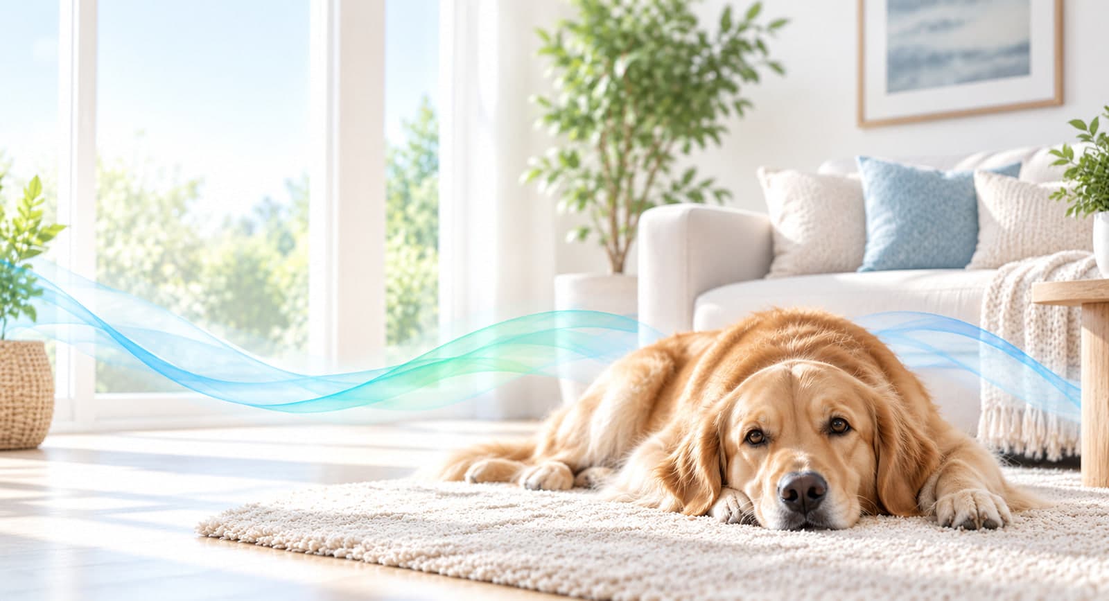 A golden retriever resting on a rug in a bright living room