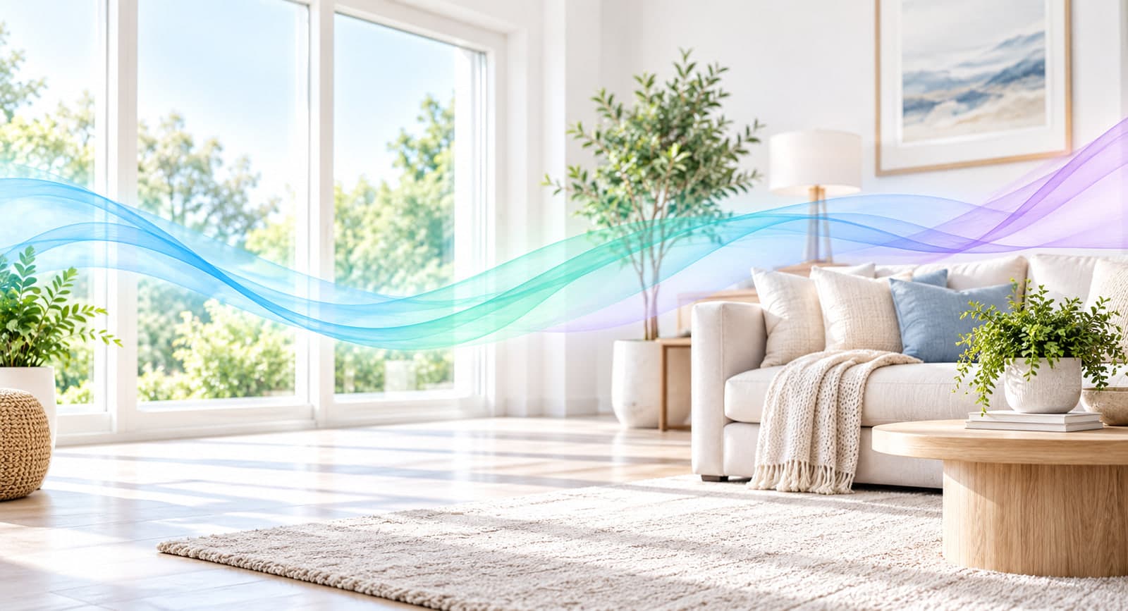 A sunlit living room with clean air flowing through it