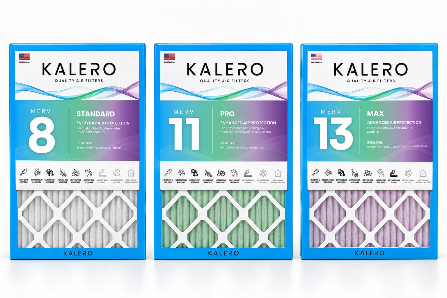 KALERO MERV 8, 11 and 13 filters side by side